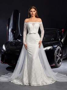Elegant Off-Shoulder Lace Mermaid Wedding Dress With Delicate Long Sleeves, Waist Belt Details And Flowing Sheer Train - Romantic And Charming Design, Perfect For Church Ceremonies, Garden Weddings, Banquet Receptions And Bridal Photoshoots. - White - View 5