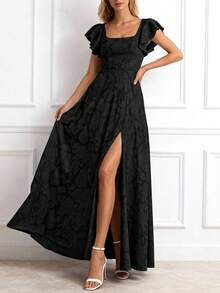 Women's Elegant Lace Floral Slit Cocktail Dress, Summer Formal Long Wedding Guest Bridesmaid Gown - màu đen - Xem 4