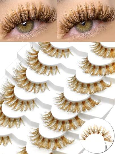 Lasvirey 7对彩色假睫毛，自然妆效，透明带，整条假睫毛，短款猫眼假睫毛，轻盈柔软假睫毛，交叉浓密型假睫毛，适用于止汗剂