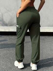 Hidkat Women's Solid-Color Cargo Joggers - Lightweight, Breathable, Drawstring Waist With Large Pockets - Army Green - View 2