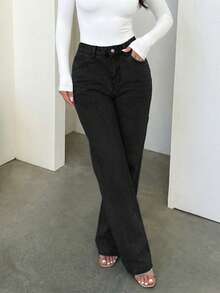 Plus Size Women's Retro Minimalist Elastic Waist Loose Straight Leg Jeans Casual Black Spring - màu đen - Xem 4