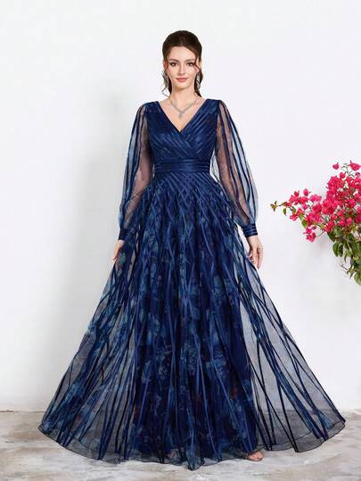 Mgiacy Navy Blue Floral Striped V-Neck Long Sleeve Dress, Elegant Ladies Summer Gown Suitable For Attending Balls, Galas, Parties And Festivals