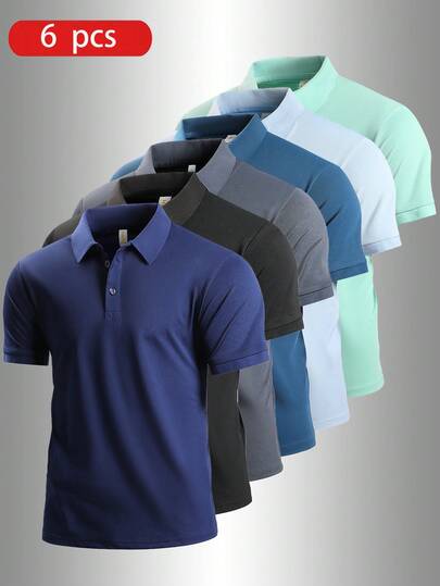 6pcs Boyfriend Style Men's Breathable Soft Comfortable 4-Way Stretch Wrinkle-Resistant Quick-Dry Sports Polo Shirts For Running, Fitness, Golf, Tennis
