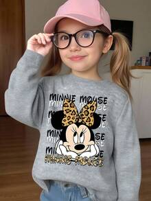 1pc Disney Minnie Mouse Graphic Sweatshirt For Girls - Cute Leopard Print Bow Design With Whimsical Expression, Soft & Comfortable Fabric, Perfect For Daily Casual & Leisure Outings - Xám - Xem 2