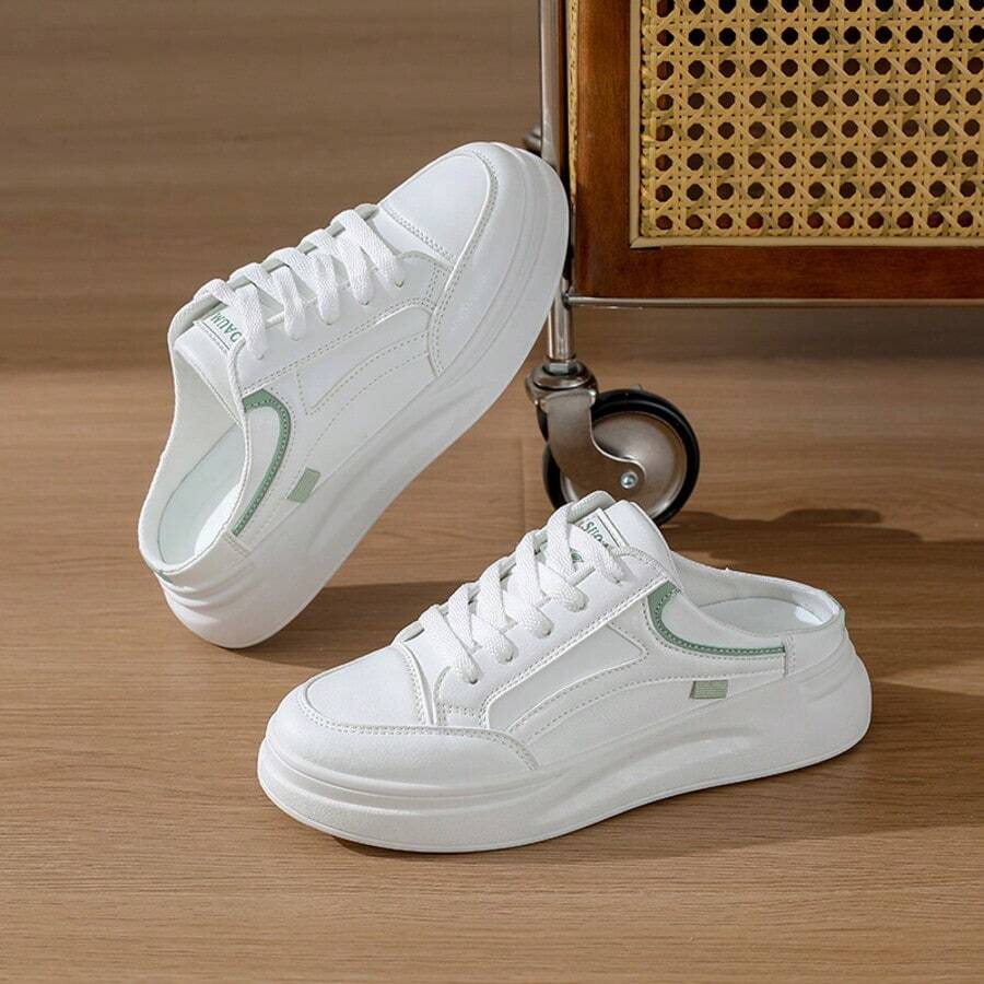 2026 Women's Casual Comfortable Home Fashion Breathable Lightweight Lace-Up Metal Eyelet Flat Slippers - White and Green - View 1