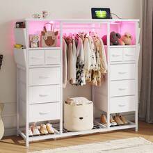 EnHomee Modern 10-Fabric Drawers Dresser With Wooden Top, Hanging Rack, Featuring Built-In LED Lighting And Power Hub Fit Bedroom And Living Room, White - Xem 8