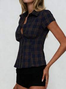 经典格纹荷叶边纽扣短袖复古休闲修身女式衬衫 - 藏蓝色 - 查看 4