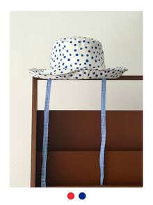 波点宽檐渔夫帽，适合大头围，款式时尚，复古格纹贴花撞色抽绳宽檐渔夫帽，波西米亚风春夏度假遮阳帽，亮色系单色调搭配，系带防晒帽，旅行防紫外线 - 彩色 - 查看 9