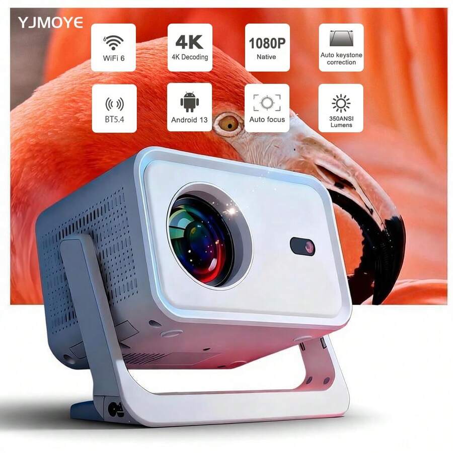 Proyector inteligente YJMOYE, decodificación FHD 1080P 4K 550ANSI con enfoque automático/corrección de distorsión trapezoidal, sistema operativo Android 13.0 integrado, proyector portátil para cine en casa de 150" con WiFi 5G de doble banda y espejeo inalámbrico de teléfono