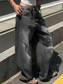 Quần jeans ống rộng dáng suông thời trang dành cho thanh thiếu niên, phù hợp cho mọi mùa. - Màu xám đen - Xem 3