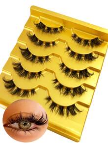 5 Pairs 3D Faux Mink Eyelashes, Natural Cat Eye Lashes, Lightweight & Comfortable Invisible Look - Black - View 1