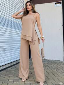 LULURUN2 Women's Set Fernanda Asymmetrical Blouse And Wide-Leg Pants - 杏色 - 查看 1