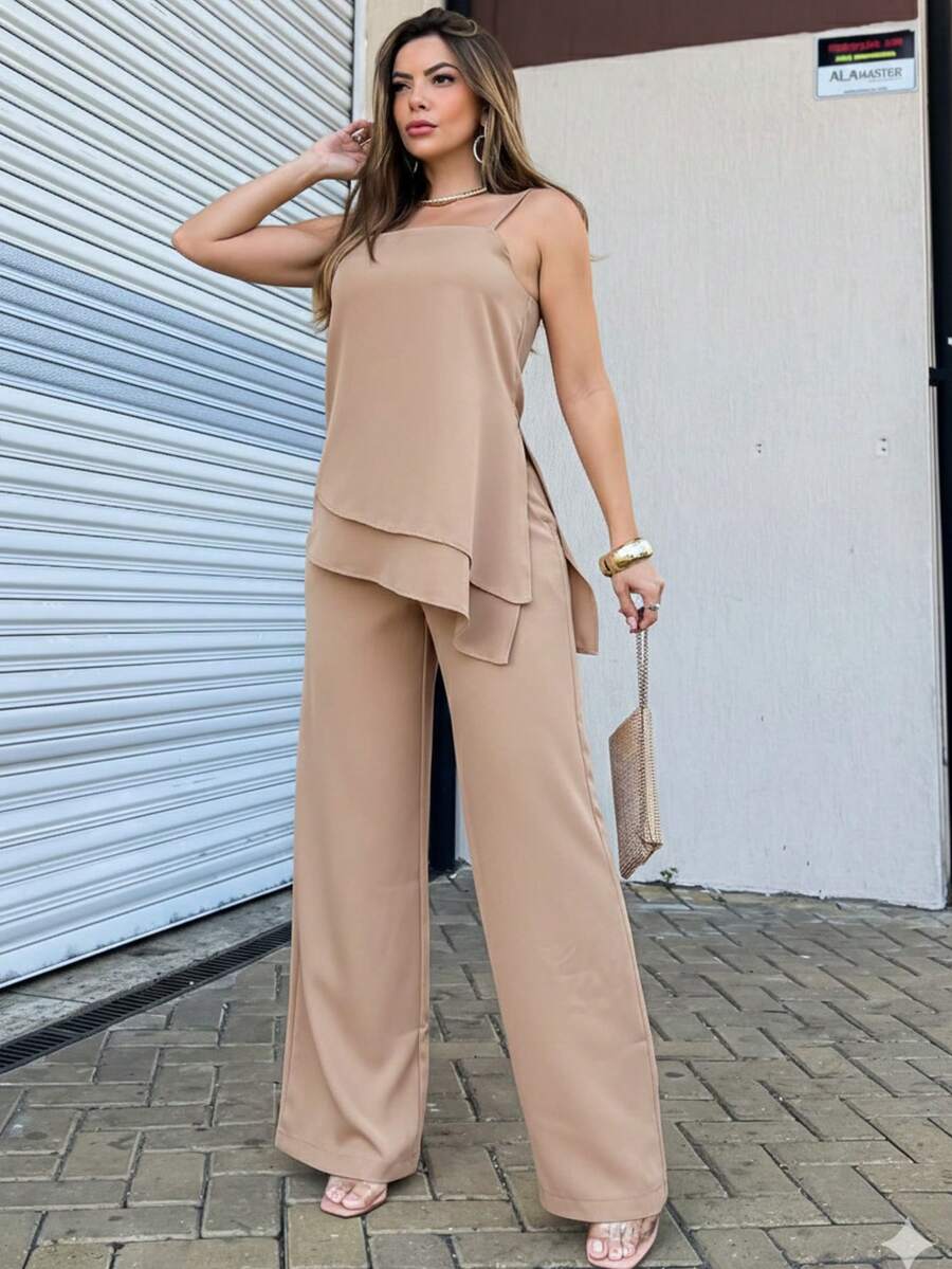 LULURUN2 Women's Set Fernanda Asymmetrical Blouse And Wide-Leg Pants - 杏色 - 查看 1