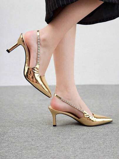 Zapatos de Tacón Alto para Mujer Punta Fina Color Dorado con Brillos, Estilo Elegante de Fiesta