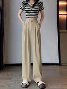 Women's Solid Color Front Double Button Slim Fit Pants Spring - Khaki - View 4