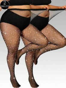 2 chiếc tất lưới màu đen đính đá lấp lánh dành cho nữ cỡ lớn, quần legging lưới co giãn ôm sát, trang phục dạ hội lấp lánh, phong cách Gothic đa năng cho mọi mùa. - màu đen - Xem 1