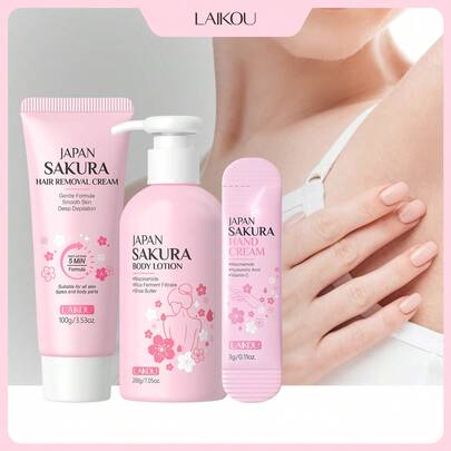LAIKOU 三件套：100克柔滑脱毛膏、3克润肤乳、3克护手霜、温和脱毛凝胶、美白脱毛配方，适合女性、妈妈、妻子、姐妹、青少年、女友使用，温和呵护肌肤，旅行及水疗必备。