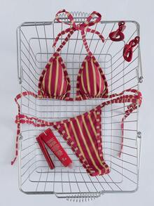 女士性感简约复古魅惑风情两件套休闲度假沙滩旅行派对双面印花挂脖系带泳衣套装，春夏新品 - 紅色 - 查看 2