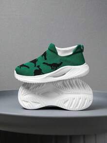 1 Pair Kids Sneakers, Knitted Cartoon Pattern Socks Shoes, Easy To Wear, Lightweight Breathable Running Shoes, Fashionable Mesh Design For Students - Green - View 9