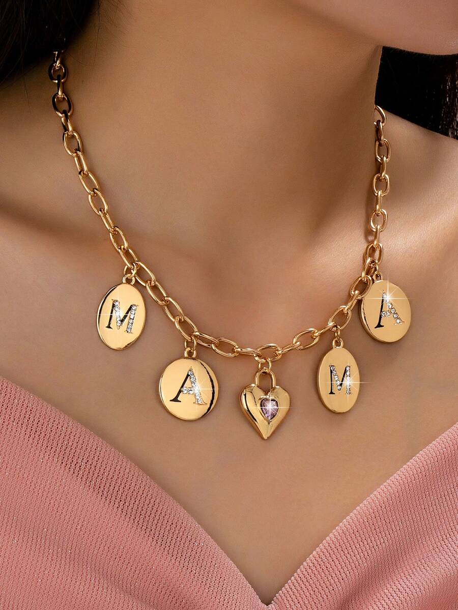 1件简约椭圆形链条几何圆形和椭圆形“MAMA”字母吊坠项链，搭配粉色水钻心形吊坠，母亲节礼物，适合节日和派对的项链搭配 - 金色的 - 查看 1