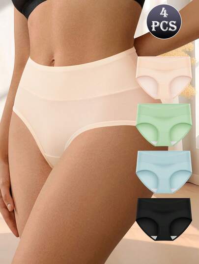 QUASTI 4条装女士无缝高腰尼龙内裤 - 透气内衣套装，收腹平滑三角裤，柔软弹力隐形内衣多件装，隐形贴身穿着