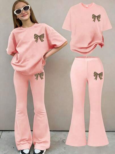 2pcs/Set Teen Girl Butterfly Print Short Sleeve T-Shirt And Flare Pants Outfit, Spring/Summer