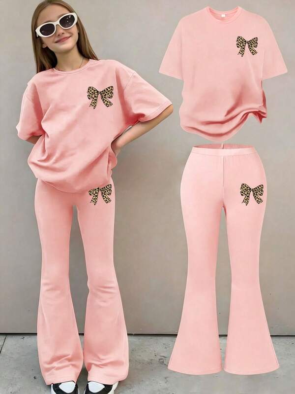 2pcs/Set Teen Girl Butterfly Print Short Sleeve T-Shirt And Flare Pants Outfit, Spring/Summer