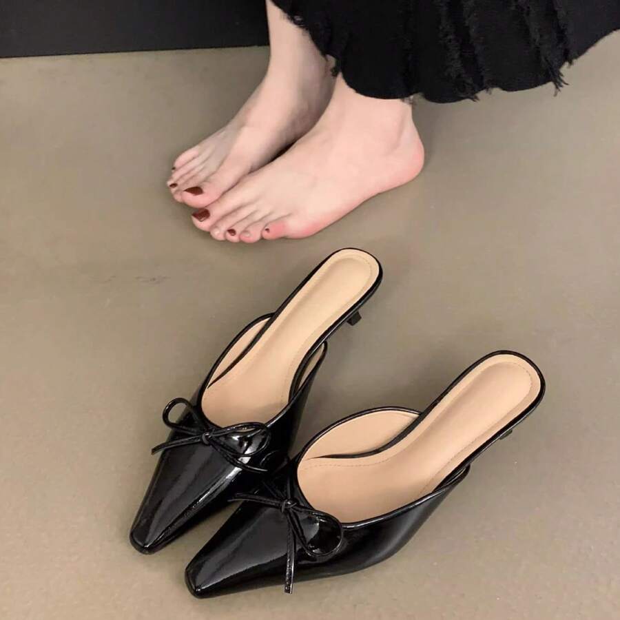 Novedades primavera/verano: zapatos destalonados de tacón medio con adorno de lazo y puntera cerrada, zapatos de tacón alto para mujer, sandalias para mujer. - Negro - Ver 1