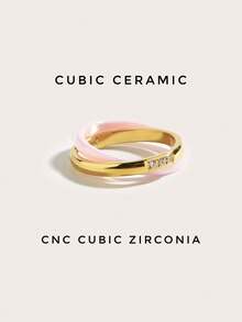 1pc 18K Gold Plated Stainless Steel Ceramic Cubic Zirconia Ring, Women's Jewelry, Wedding Party Date Gift - Pink and Gold - View 6