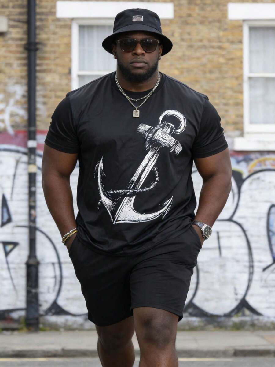Plus Size Men's Black T-Shirt With Anchor Print, Soft Fabric, Fashionable Casual Top - Multicolor - View 1
