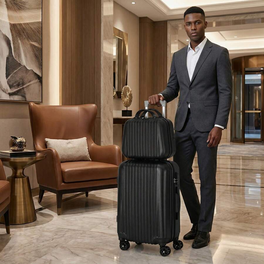 20-Inch Carry-On Suitcase Plus 14-Inch Cosmetic Bag, ABS Hard-Shell Carry-On Luggage, Silent Swivel Wheels With 360° Rotation, Patchwork Pattern, Wear-Resistant And Shock-Resistant, The Best Choice For Business Trips Or Travel. Black. - Black - View 1