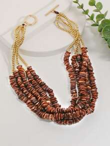 Collar de cuentas multicapa retro, combinación de cuentas de oro lujosa, cadena de clavícula con broche OT, diseño único con piedras dispersas, collar de atmósfera versátil - Cuentas de guijarros de colores - Ver 11