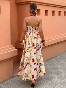 Women's Casual Sleeveless Gold Foil A-Line Floral Print Dress, Vacation Dress - Multicolor - View 5