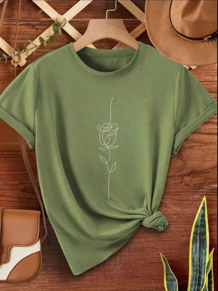 Camiseta Feminina T-shirt Estampada Flor Tulipa Fina Tendencia 100% Algodão Amor - Verde Militar - Visão 1