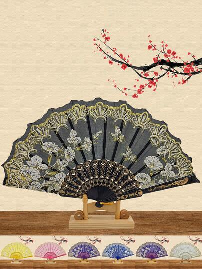 1个D EXCEED花卉折叠手扇，女士布艺可折叠手持扇，适用于舞蹈、角色扮演、婚礼派对道具装饰，花卉蝴蝶图案