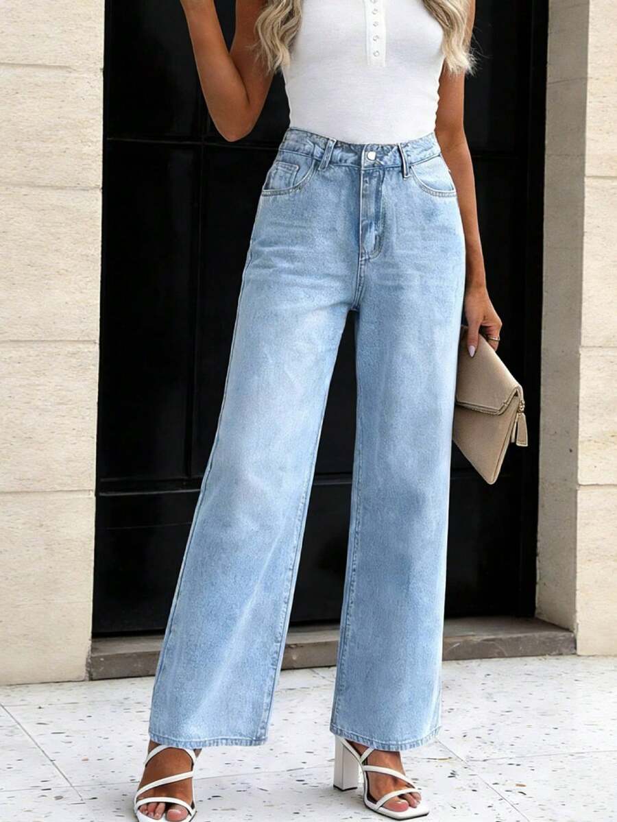 女士无弹力牛仔裤，浅蓝色，直筒宽松版型，带纽扣和口袋 - 淺色水洗藍 - 查看 1