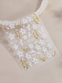 5D Embossed White 5-Petal Flower Nail Stickers With Gold Borders And Lines, Cute And Elegant Self-Adhesive Nail Art Decor For Spring/Summer, DIY Nail Salon Supplies - Multicolor - View 6