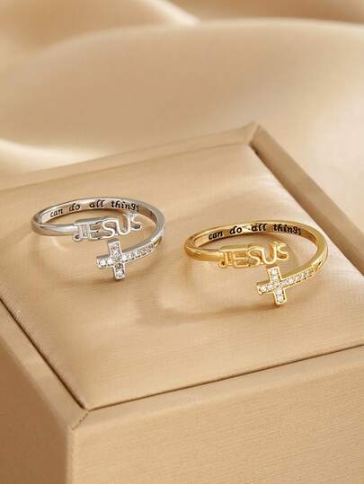 1pc Vintage Can Do All Things Jesus Cross Open Ring For Kids Religious Christian Jewelry For Protection Prayer Friend Gift