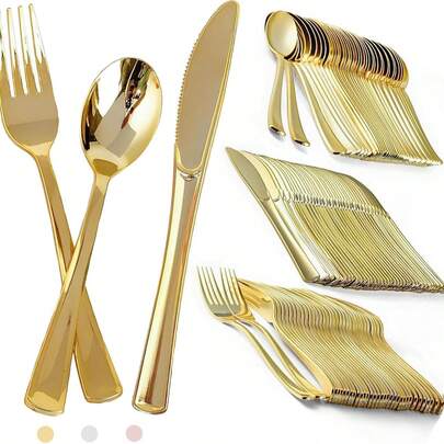 150/75/50pcs Gold Cutlery Set, Salad Forks, Dessert Spoons For Cake, Dessert, Salad, Burger, Sandwich, Sushi, Suitable For Party, Daily Use, Hotel, Restaurant, Wedding, Outdoor, Birthday Party, Back To School, Holiday Gathering, Thanksgiving, Mother's Day Gift, Kitchen Decor