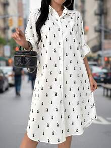 女士兔子印花卷袖长袖纽扣衬衫裙 白色上衣 - 白色 - 查看 9