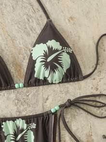 Bộ bikini nữ mùa xuân/hè in họa tiết buộc dây với hạt cườm xanh, thiết kế thắt nút hở lưng, kiểu dáng nghỉ dưỡng, thích hợp cho bãi biển, lễ Phục sinh, ngày Thánh Patrick, đi chơi, lễ tốt nghiệp, thanh lịch. - Cà phê nâu - Xem 8