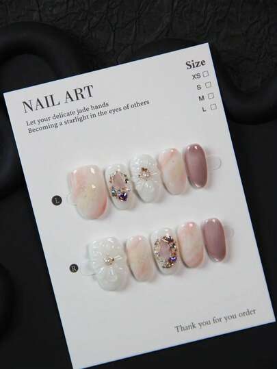 10片手工制作可佩戴美甲贴纸，3D透明花卉图案，镶嵌水钻，适合短杏仁形指甲，可重复使用，适合女性和女孩，可用于派对、婚礼、日常佩戴、DIY美甲，包含工具包