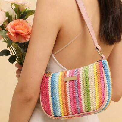 Tęczowa torba plażowa ze słomy, damska torba pod pachę, minimalistyczna torba na ramię, codzienna torebka damska, modna torba typu bagietka