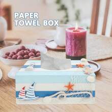 Mediterranean Wooden Tissue Box Holder - Nautical Decorative Storage Box With Striped Lighthouse Sailboat Design For Home Desktop - Picture 1 - View 2