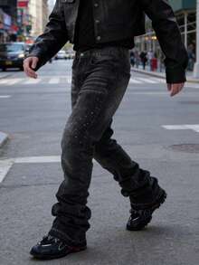 Men's Washed Black & Grey Loose Straight Leg Jeans, Casual High Street American Vibe - Grey - View 7