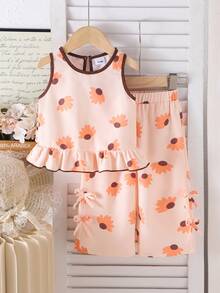 2pcs Baby Girls' Vacation Floral Print Sleeveless Top + Casual Bow Tie Pants Set, Summer - Coral Orange - View 1