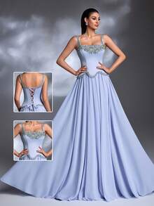 浅蓝色水钻装饰方领荷叶边系带雪纺长裙优雅晚礼服 - 淺藍色 - 查看 7