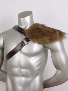 1 PC Vintage Faux Fur Shoulder Armor | PU Leather Crossbody Strap | Perfect For Carnival, Cosplay & Stage Performances - Brown - View 7