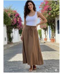Long, Printed Viscose Skirt, Lined, High Waist With Pockets And Side Slits. - 卡其色 - 查看 1