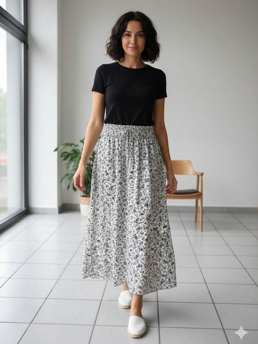 Long, Printed Viscose Skirt, Lined, High Waist With Pockets And Side Slits. - 小黑花 - 查看 1